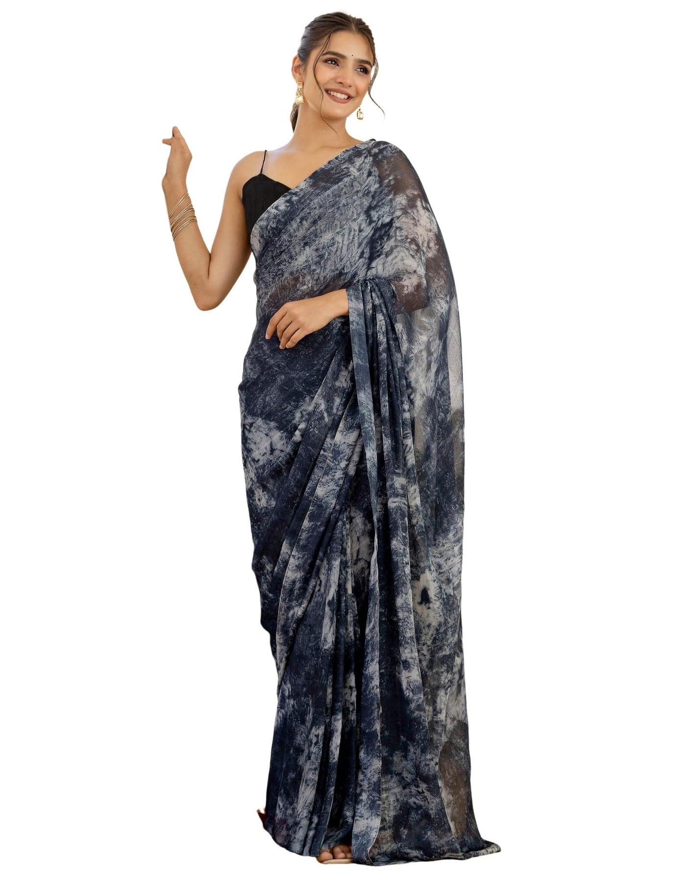 SIRIL Women's Georgette Printed One Minute Ready to Wear Saree With Unstitched Blouse Piece (50RS146_Dark Grey)