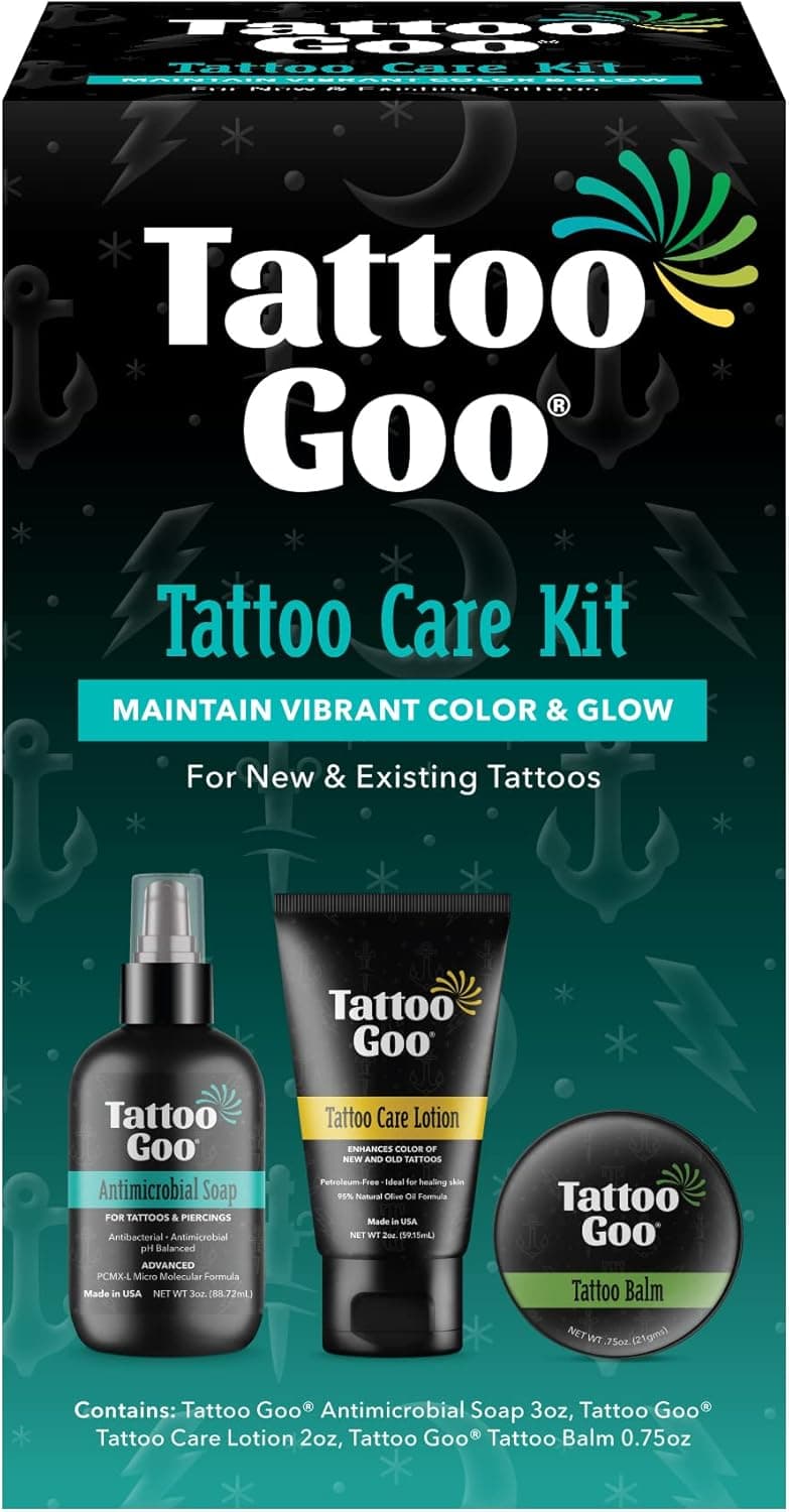 Tattoo Goo Aftercare Kit Includes Antimicrobial Soap Balm and Lotion Tattoo Care for Color Enhancement Quick Healing Vegan CrueltyFree PetroleumFree Tattoo Artist Gifts 3 Piece Set