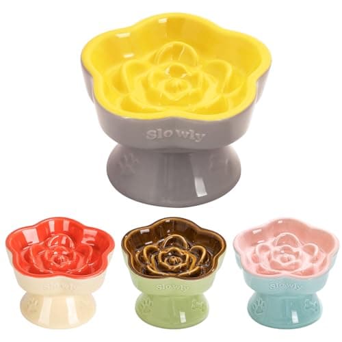 SQs CERAMICS Raised Slow Feeder Cat Bowl Ceramic Elevated Food Bowl Small Dogs Slow Feeder Flower Shaped Cute Pet Dish for Dry and Wet Food Yellow 58