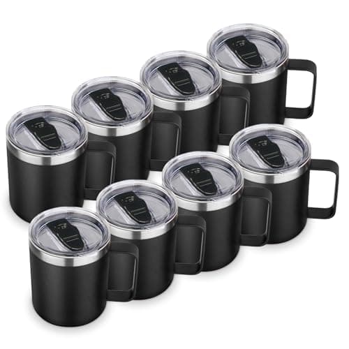Volhoply 14oz Insulated Stainless Steel Coffee Mug with Lid Bulk 8 PackDouble Wall Vacuum Travel Coffee Cup with HandleReusable Metal Cups TumblerCamping Mugs Keep HotIdeal GiftsBlack8
