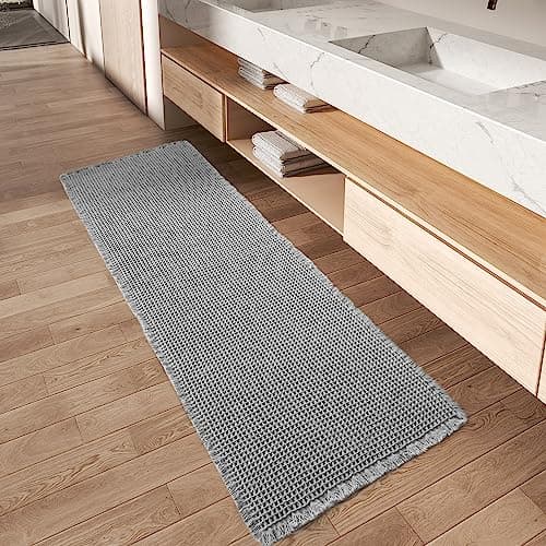 Upgraded Waffle Runner Rug Super Absorbent Non Slip Bath Mats for Bathroom Machine Washable Bathroom Runner Rug with Tassels, Ideal for Hallway Bedroom Laundry Room, Light Grey, 2' x 6'(24" x 72")