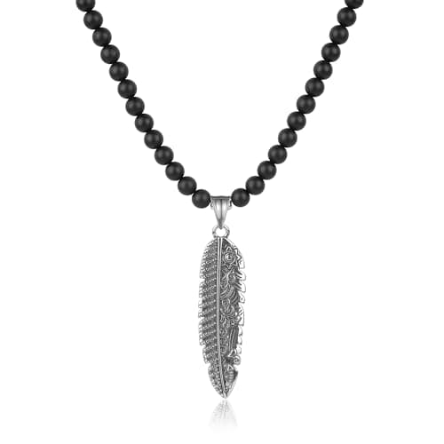 GAVU Stainless Steel Feather Jewelry, Crystal Beaded Necklace for Men, Onyx Necklace for Men