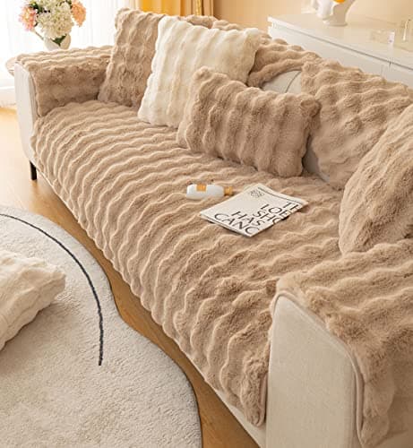 XSlive Soft Warm Faux Fur Couch Sofa Cover Thick Shaggy Fuzzy Sectional Couch Cover Non-Slip Solid Color Plush Sofa Slipcover Furniture Protector for Kids, Pets (Coffee,43"x70")