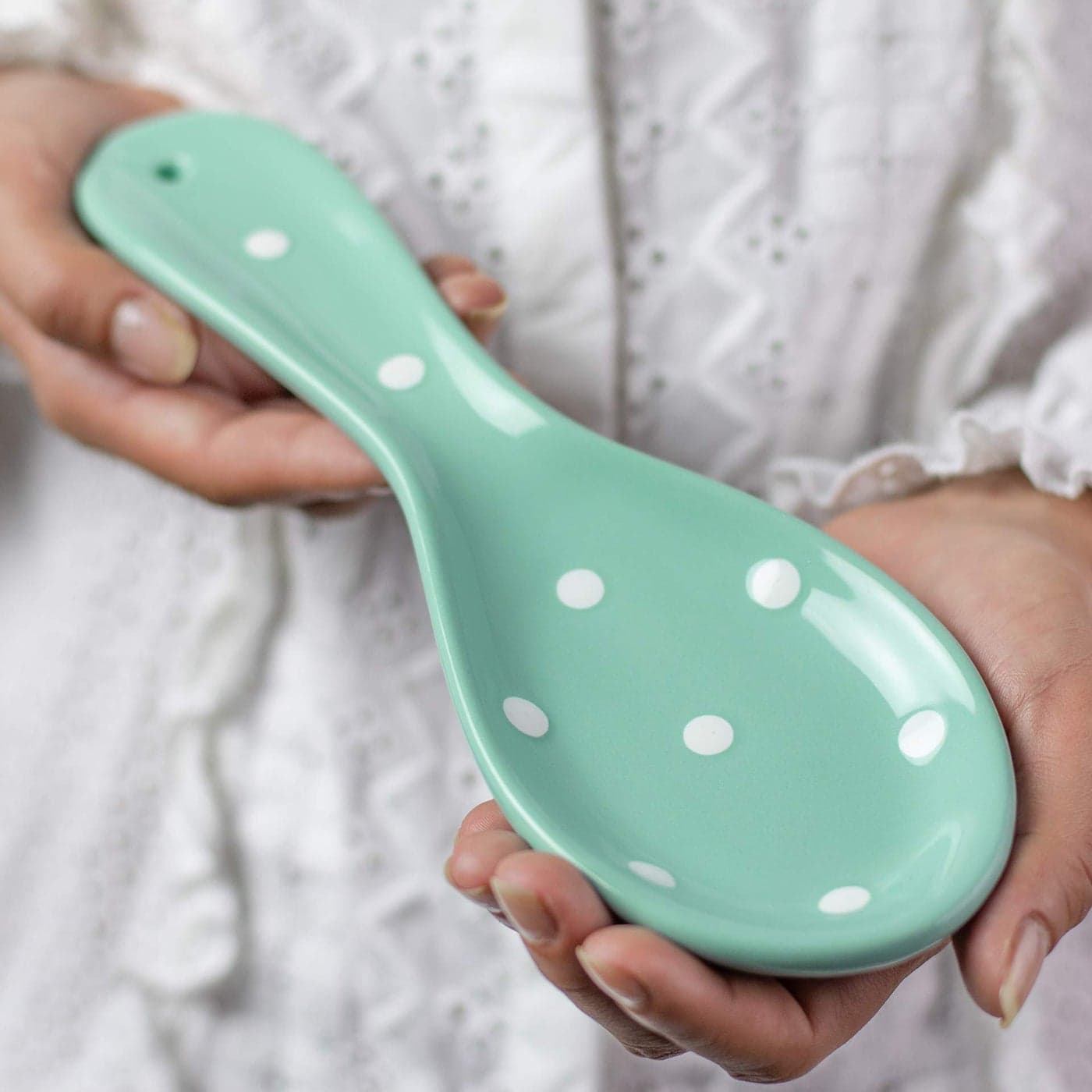City to Cottage Spoon Rest for Stove Top Large Ceramic Spoon Holder for Kitchen Counter Cooking Utensil Rest for Countertop Handcrafted Spoon Rest for Ladle Spatula Turquoise Polka Dot