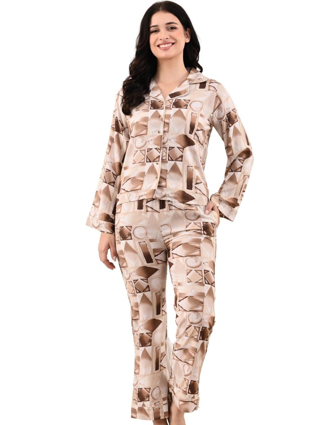 UNIfringe Women’s Rayon Printed Summer Night Dress for Women - Soft & Comfortable Sleepwear Set with Top & Bottom - Stylish Printed Pattern, Lightweight Loungewear | Night Suit Women Brown