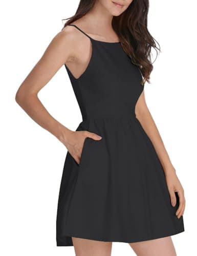 FANCYINN Women's Black Short Dress Spaghetti Strap Backless Mini Skater Black Dresses M