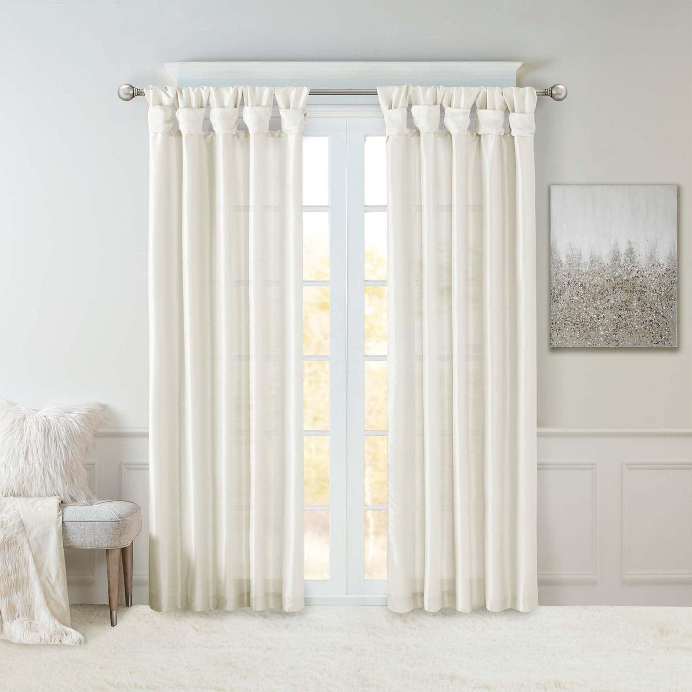 Madison Park Emilia Faux Silk Single Curtain with Privacy Lining DIY Twist Tab Top Room Darkening Window Drape for Living Room Bedroom and Dorm 95L x 50W White