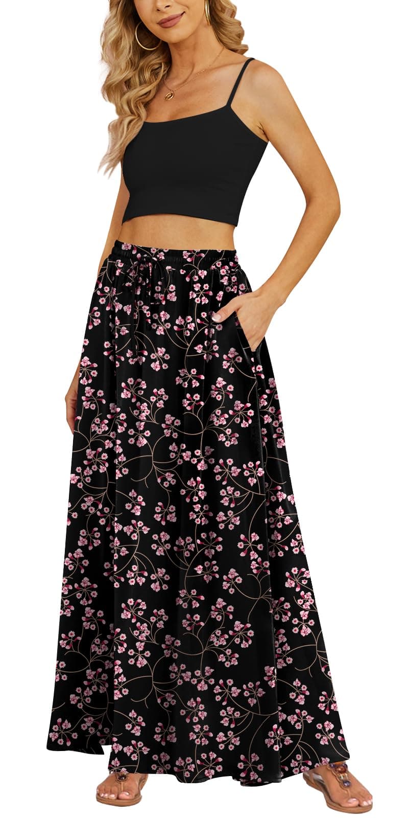 Yincro Women's Flowy Maxi Skirt Summer Pleated High Waisted Casual Long Skirts with Pockets (Gypsophila Black, S)