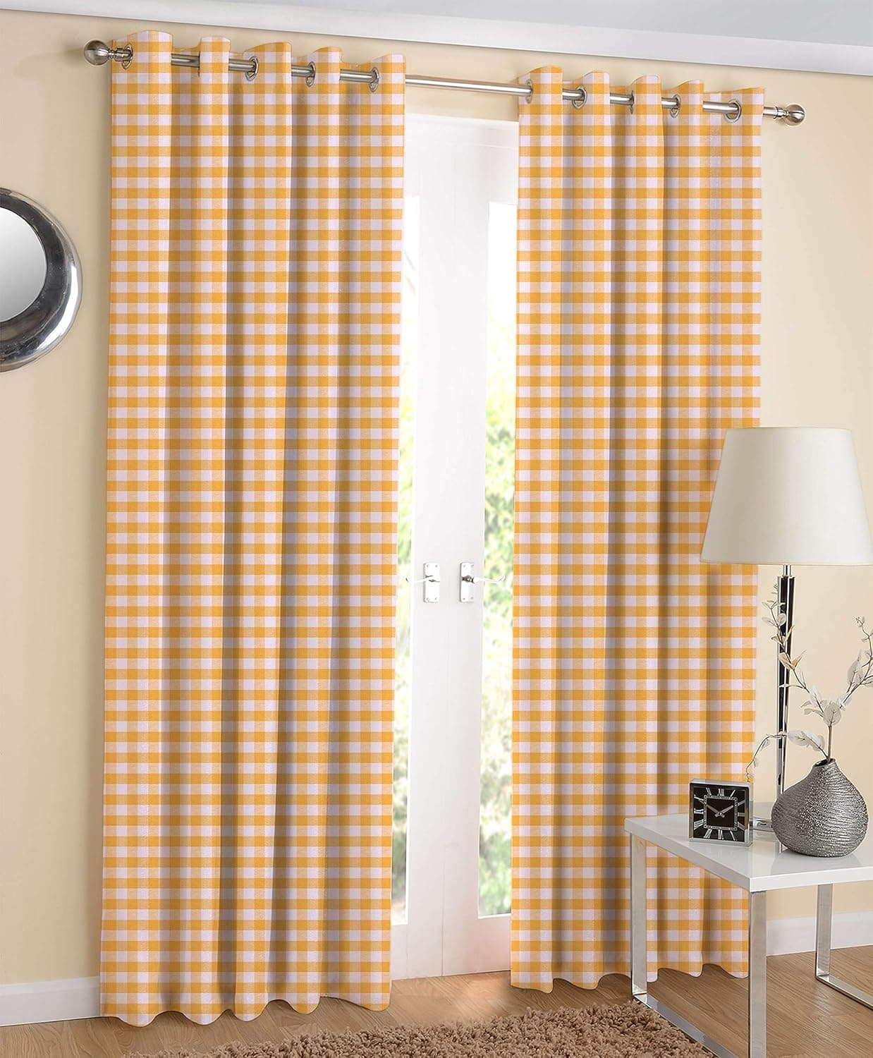 AIRWILL Cotton Checkered Grommet Curtain 4 x 5 ft Yellow Pack of 2