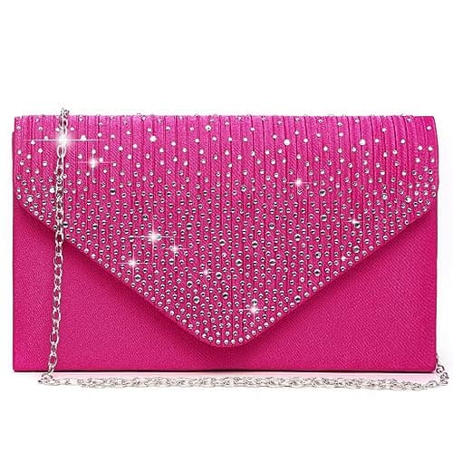Dasein Women Satin Evening Bag Rhinestone Clutch Purse Wedding Prom Purse Formal Cocktail Party Handbag (Hot pink)