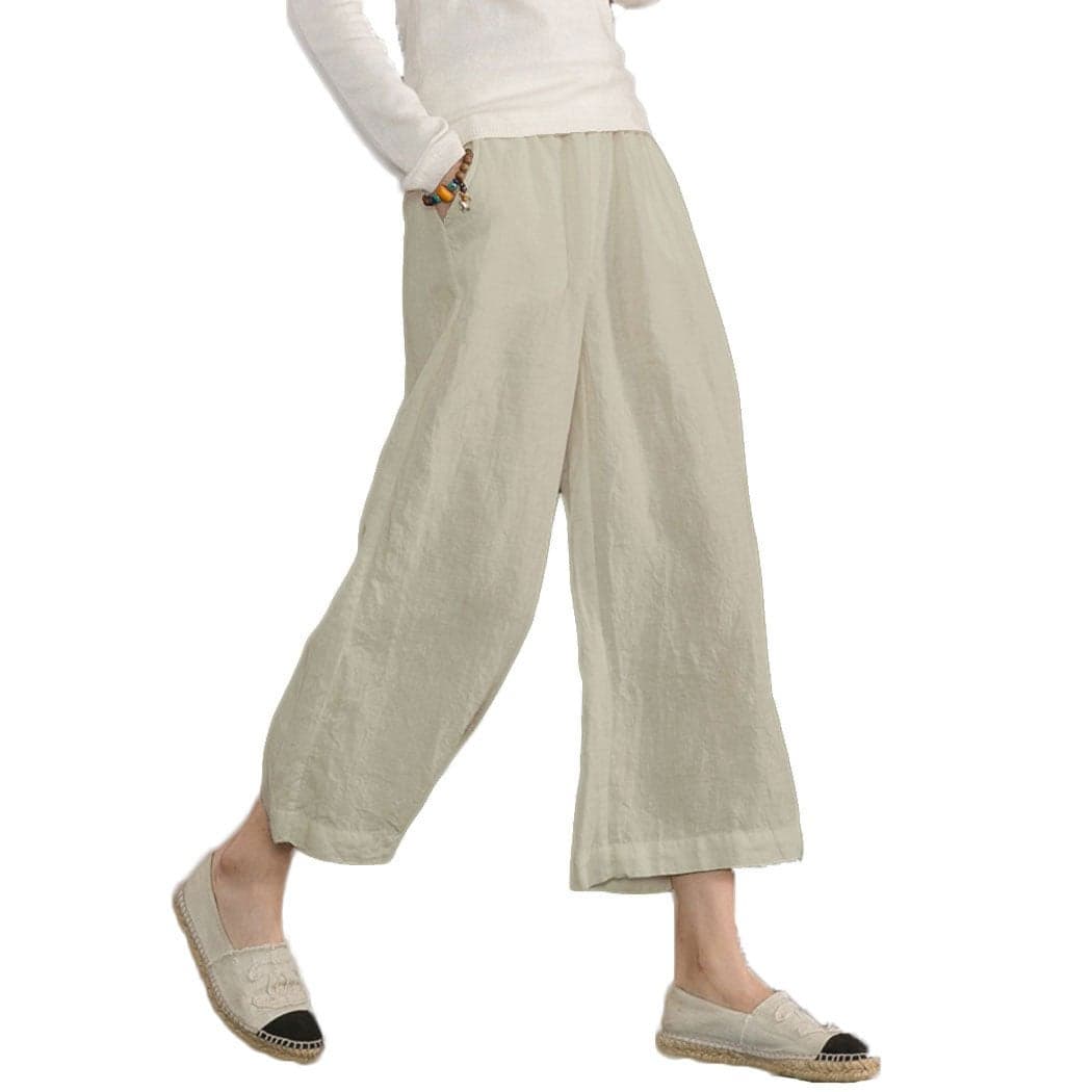 Ecupper Womens Casual Loose Plus Size Elastic Waist Cotton Trouser Cropped Wide Leg Pants Natrual 5XLUS 22W