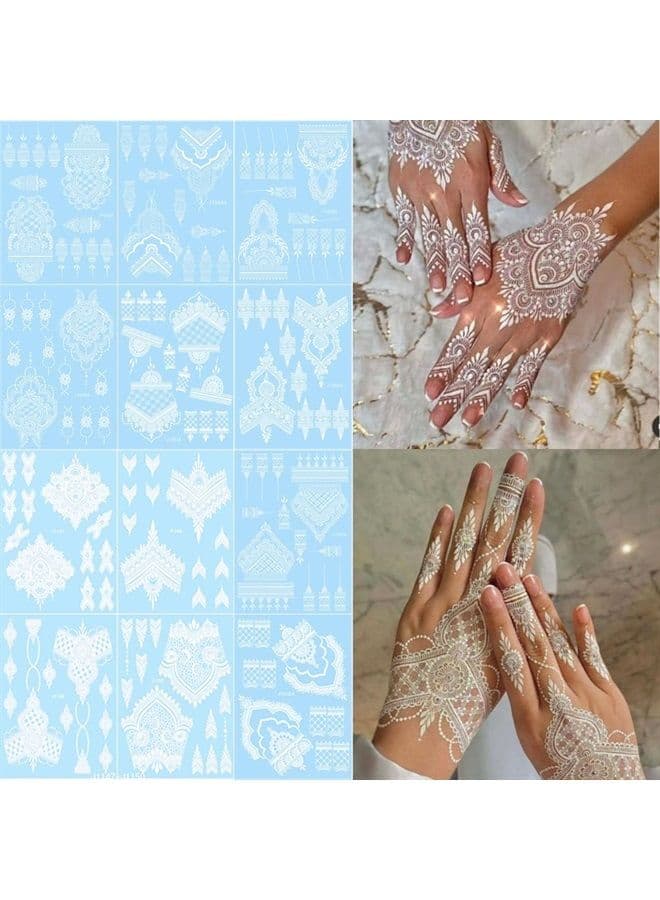 Xmasir 12 Sheets White Henna Tattoo Kit Waterproof Henna Tattoo Stickers for Women Wedding Party Temporary Henna Stickers (White)