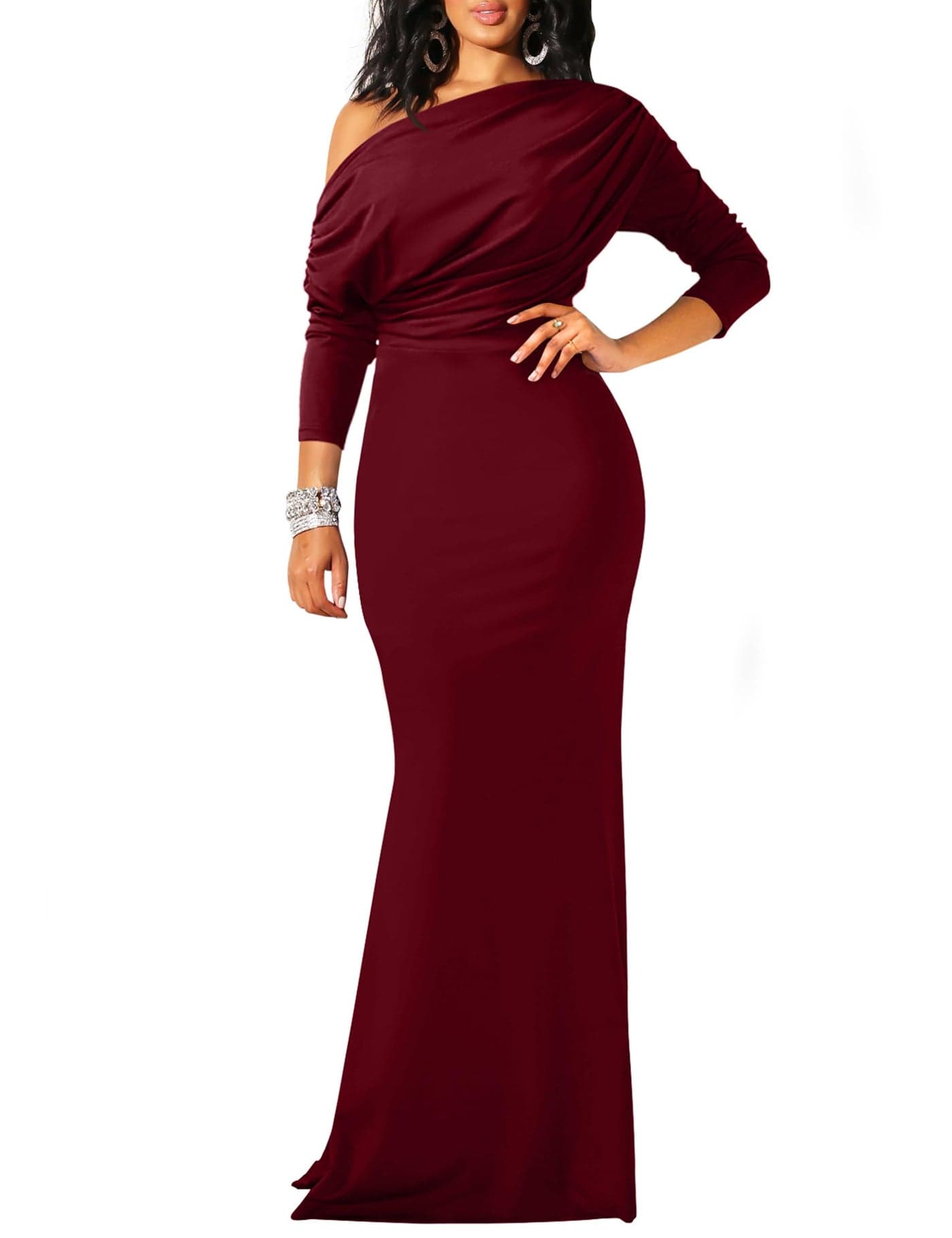 YMDUCH Women's Sexy Elegant Long Sleeve Off Shoulder Bodycon Long Evening Formal Dress WineRed