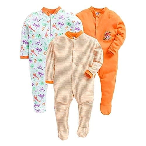 EIO® 100% Cotton Rompers Sleepsuits Jumpsuit Night Suits for Infants Newborn Baby Boys & Girls Pack of 3 (0-3 Months, Yellow) (9-12 Months, Orange)