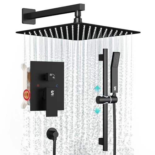 SR SUN RISE 10 Inch Slide Bar Shower Faucet Luxury High Pressure Shower Heads and Handheld Spray Combo Set Wall Mounted Shower System Included Valve and Trim Kit, Matte Black