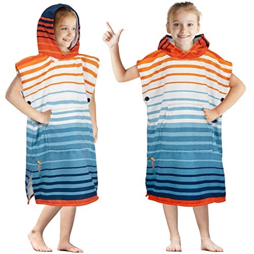 SUN CUBE Kids Changing Robe Surf Poncho, Kids Beach Towels, Hooded Towel For Toddler Bath Pool, Microfiber Quick Dry Wearable Towel Poncho with Hood, Swim Towel for Boys Girls 3-7 Years, Orange Stripe