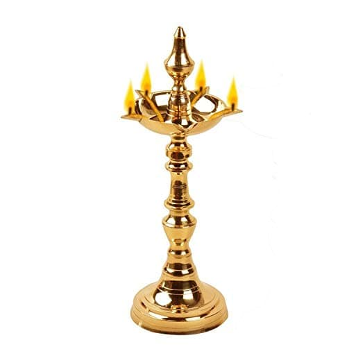 SHRI ANAND Pure Original Brass Traditional South Fancy Kerela Samay Diya Oil Diwali Puja Lamp, Kuthuvilakku Golden Kuthu Vilakku Ornamental Lamp (Straight Top, 6 Inch)