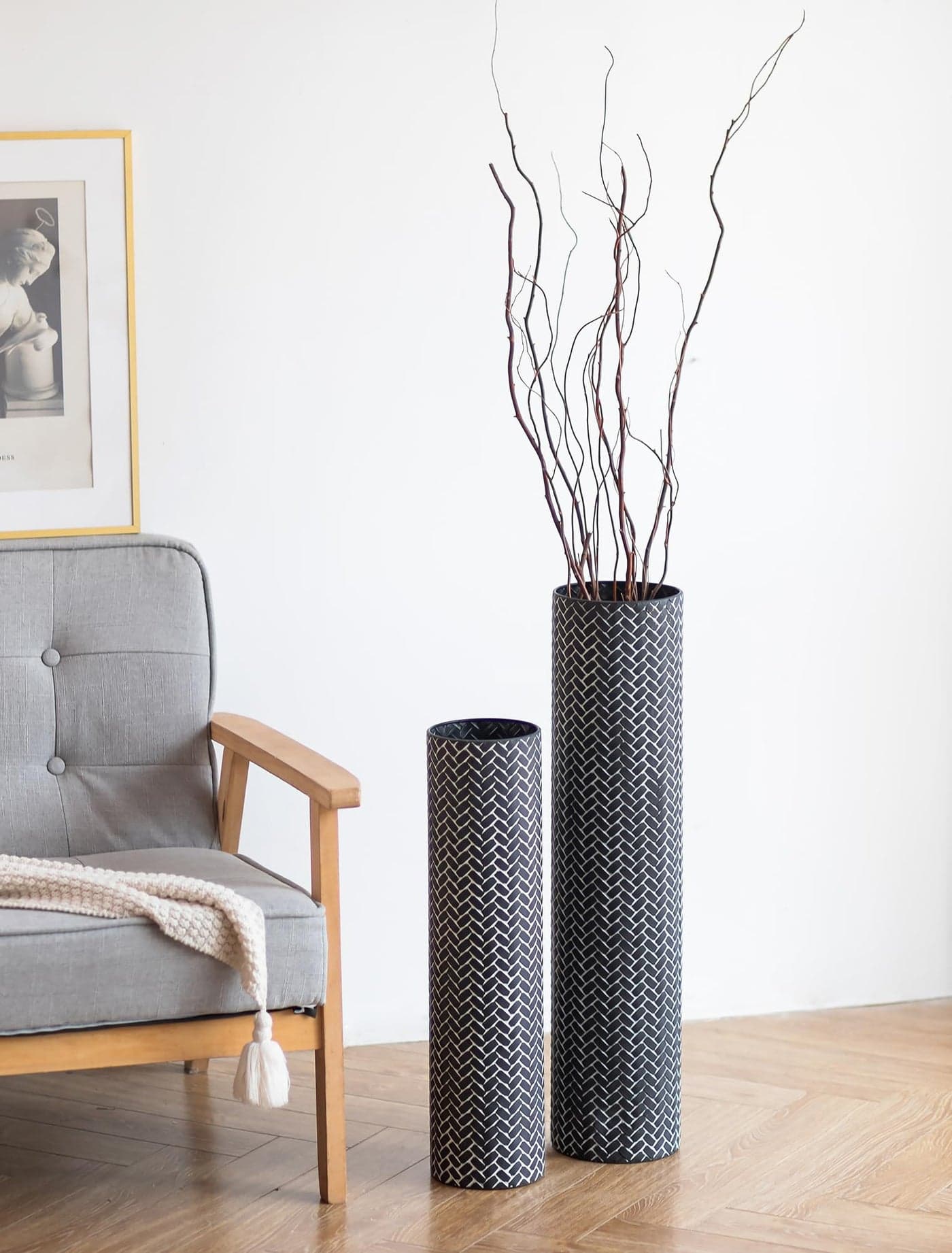 Sziqiqi Black Tall Floor Vase 276217in Metal Modern Cylinder Floor Vases Woven Texture Extra Large Decorative Vase Set of 2 Home Decor for Living Room Bedroom Home Corner Indoor Office