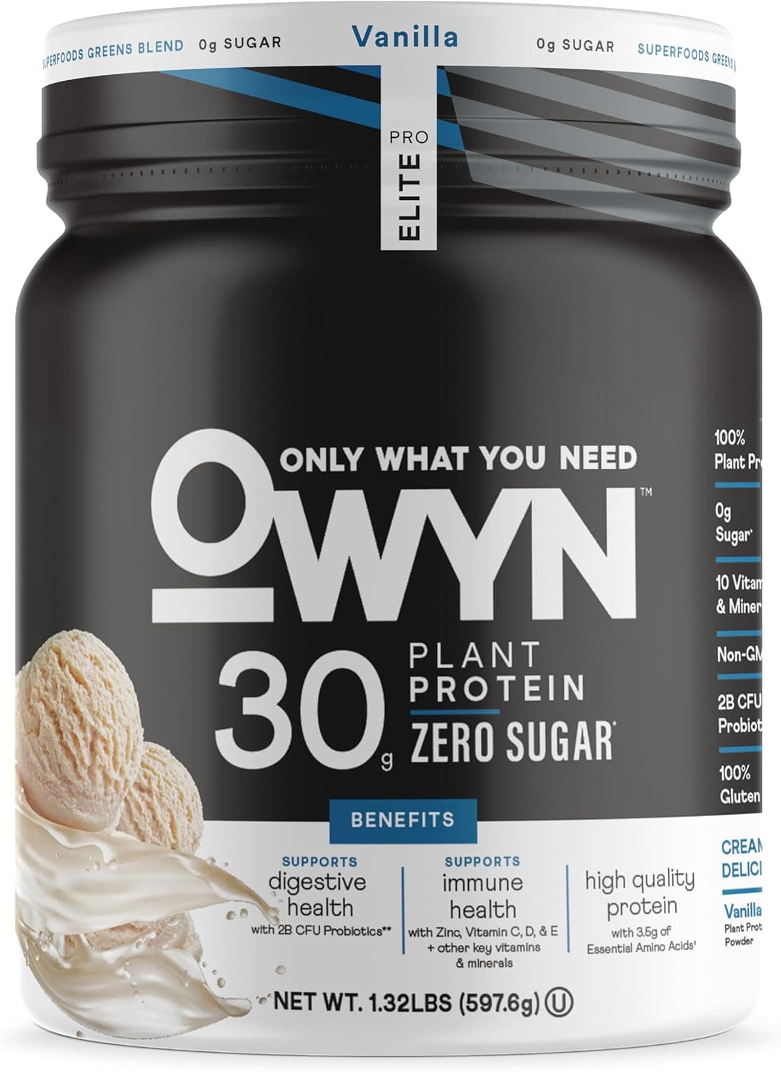 OWYN Only What You Need Pro Elite High Protein Powder 30g Vegan Protein for Workout Recovery Delicious Smooth Taste Zero Sugar Low Net Carbs Vanilla 12 Servings 132 LB