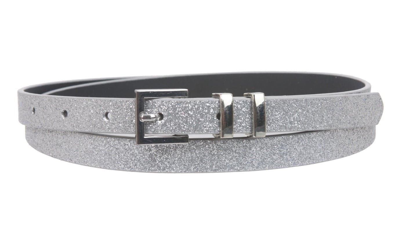 Ladies 5/8" Glitter Dress Skinny Belt, Silver | XS - 28"