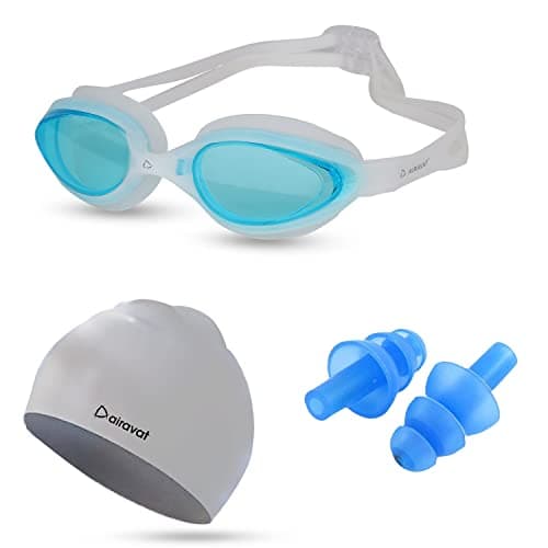 Airavat Swimming Kit, 0003 Swimming Set for Men & Women with Swimming Goggles Case, Swim Goggle, Earplugs & Swim Cap, Anti-Fog & Uv Protected, High Elasticated with Silicone Material (White Blue)