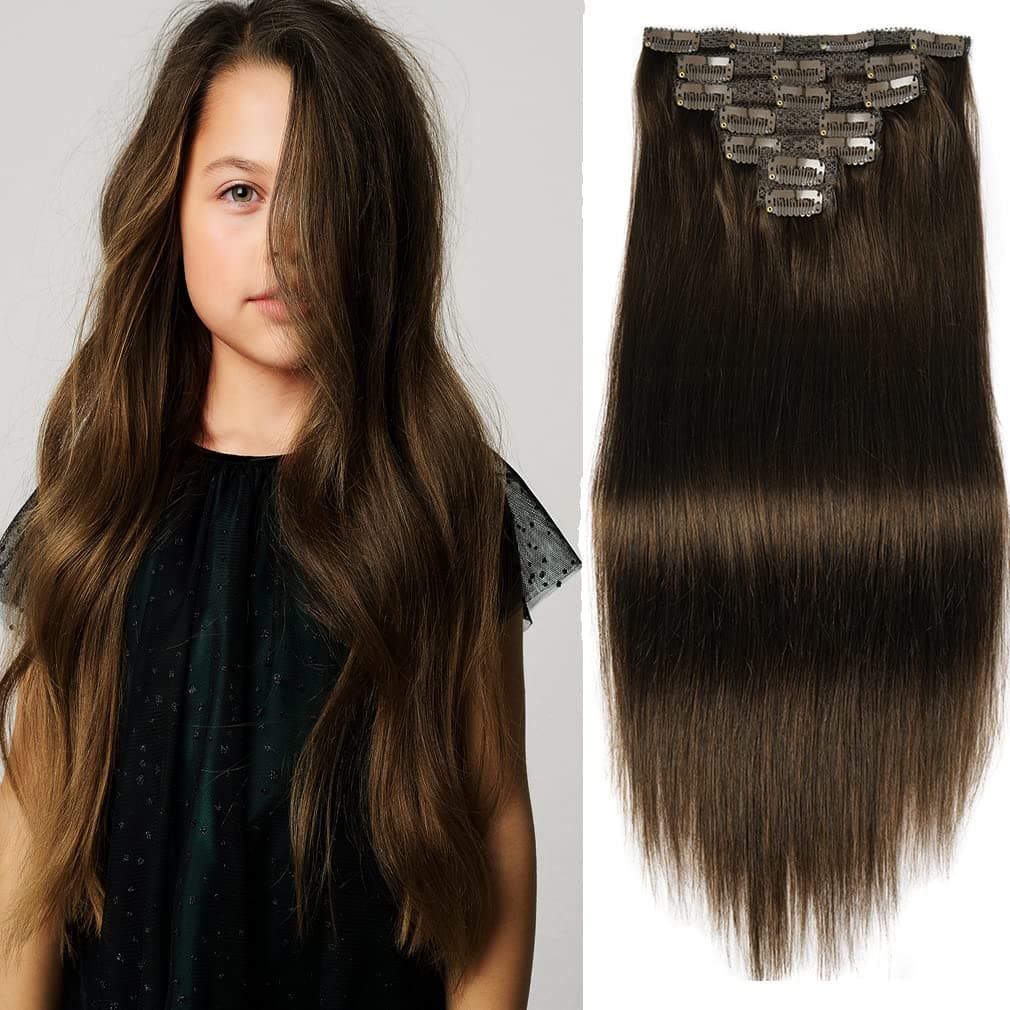18 Clip in Human Hair Extensions Full Head 150g 7 Pieces 16 Clips 4 Chocolate Brown Double Weft Brazilian Real Remy Hair Extensions Thick Straight Silky 18150g Chocolate Brown