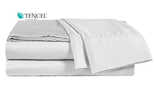 ELINEN 100 Tencel Sheet Set Queen Size 4 Piece Sheets with Deep Pockets up to 18 Inches Luxuriously Cooling Super Soft Silky Sateen Weave Lyocell Bed Sheets in White Queen