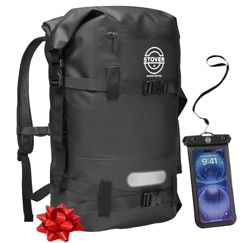 STOVER 5/10/25/30/40/55L Waterproof Dry Backpack & Phone Case- X-Large Floating Dry Bag for Kayaking, Travel, Hiking, Fishing, Camping, Motorcycles & Beach, Heavy-Duty Roll Top Men/Women (Black)