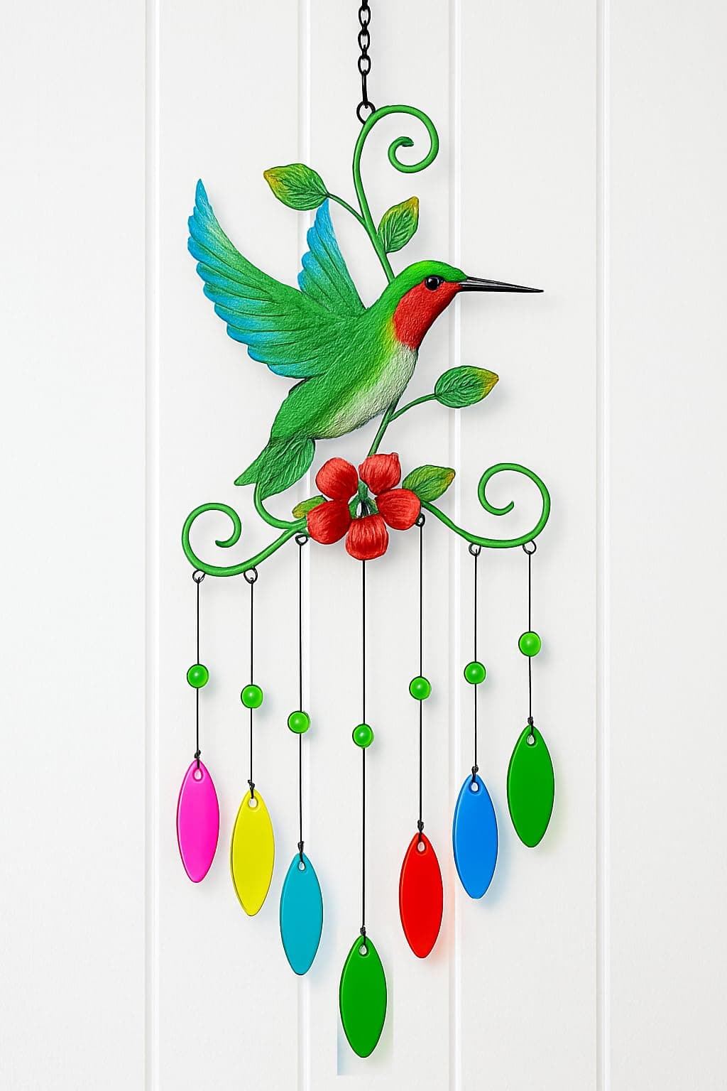 Paradigm Pictures Hummingbird Metal Wall Hanging Wind Chime for Home & Garden Christmas Décor | Colorful Hanging Décor with Beads & Leaves | Bird Art for Balcony, Door, and Living Room