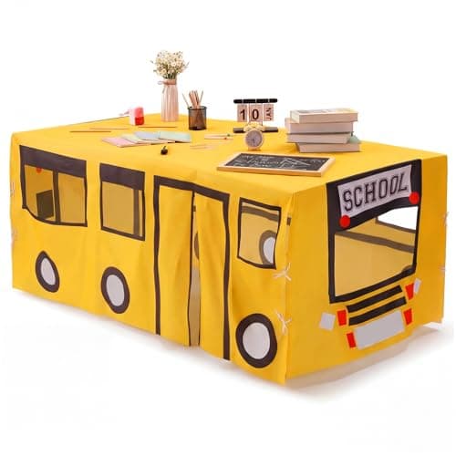 Oudain 10ft x 7.5ft Large Tablecloth Playhouse for Kid Table Fort Cover Table Cloth Tent Playhouse for Dining Room Birthday Indoor Outdoor Party Playground (Yellow Color, School Bus Style)