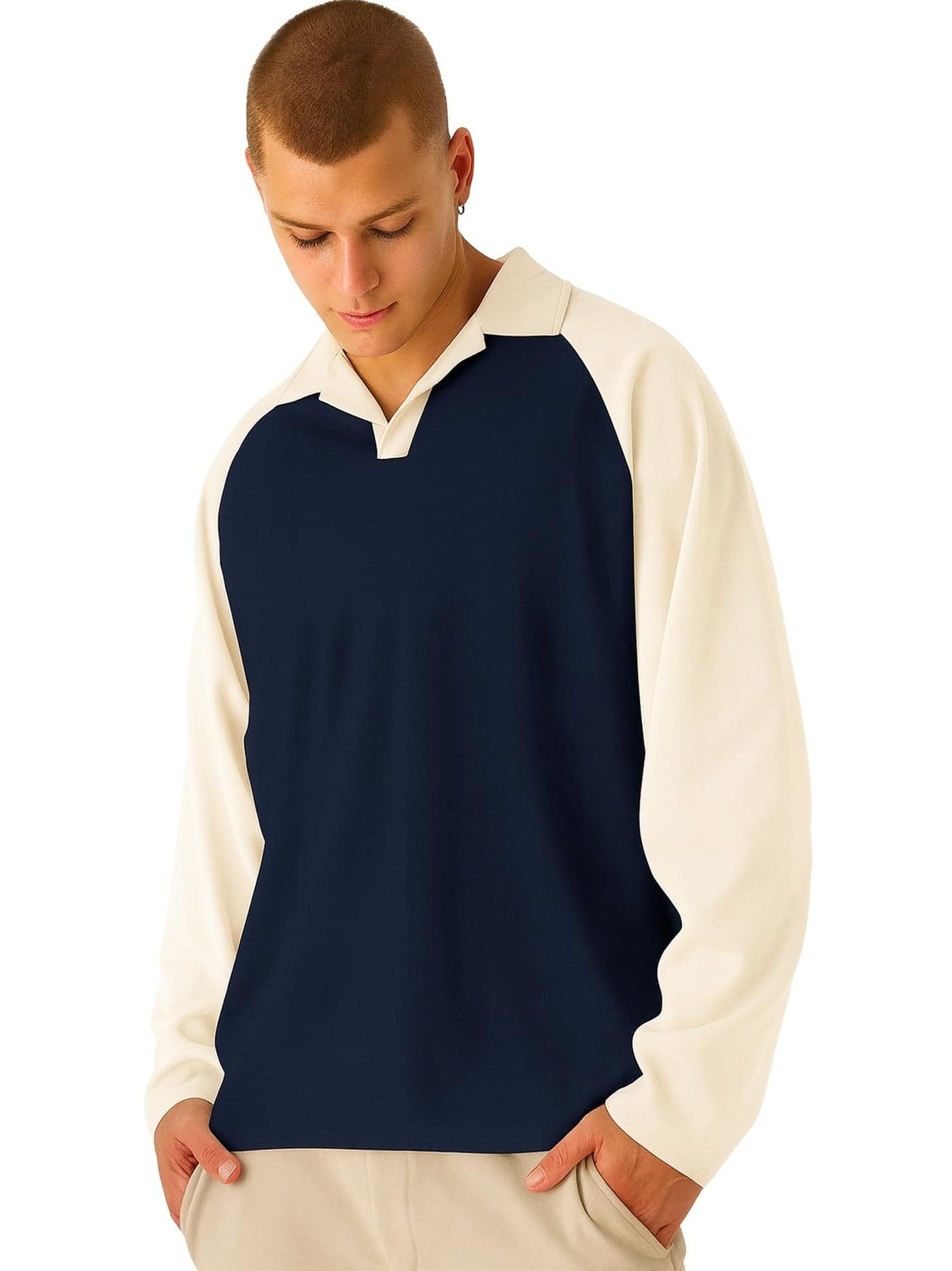 Jump Cuts Mens Colorblock Polo Neck Raglan Full Sleeve Navy & Cream LoopKnit Sweatshirt
