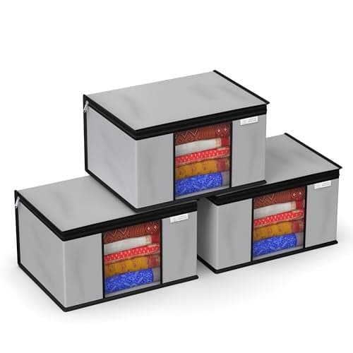 MY ARMOR Non-Woven Saree Cover Wardrobe Organizer with Zip for Storage, Moisture & Dust Proof Packing Bag for Wedding, 40 x 35 x 22 CM (Grey, Pack of 3)