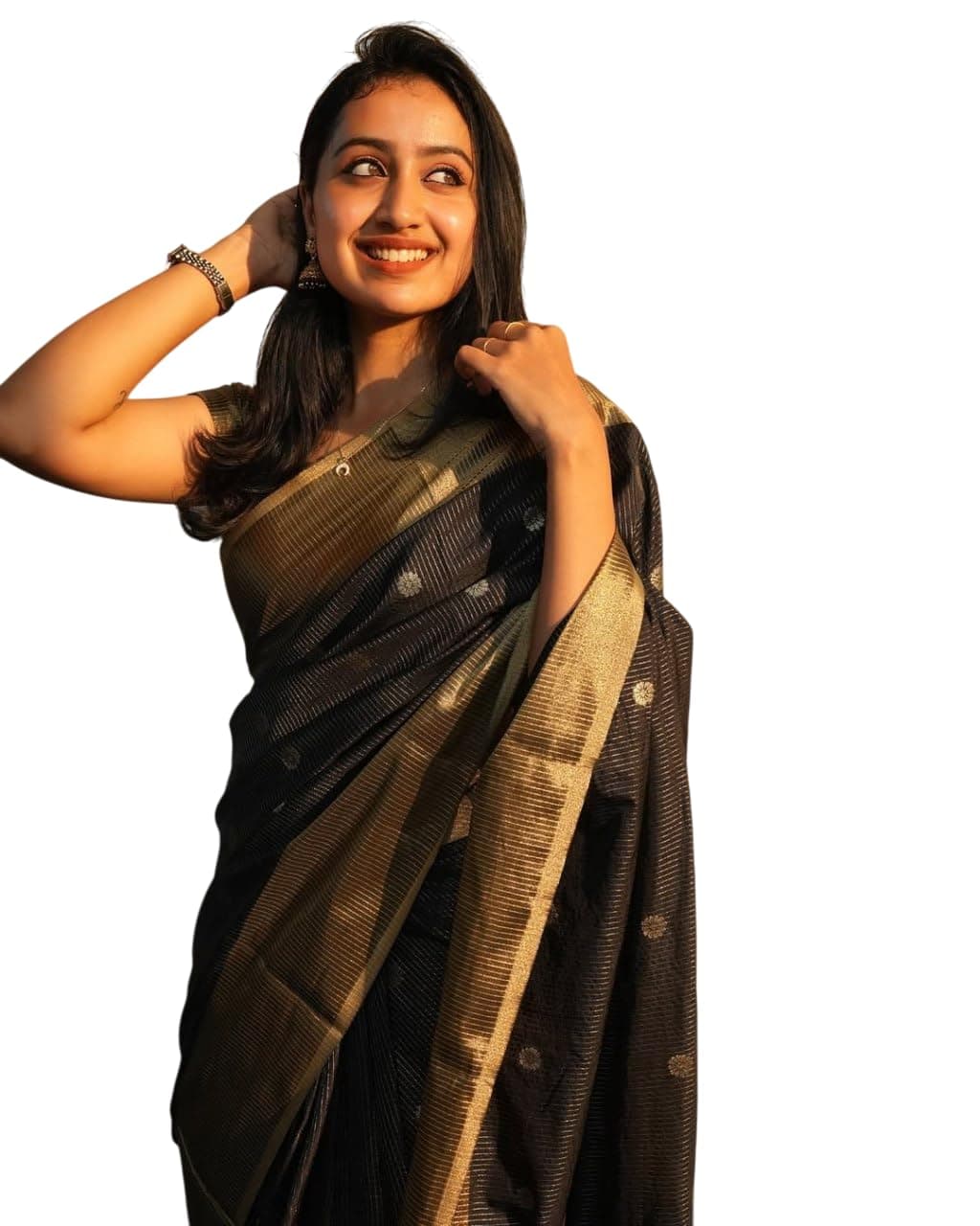 Flosive Women's Banarasi Kanjivaram Soft Silk Saree | Elegant Ethnic Wear with Contrast Blouse Piece (BLACK)