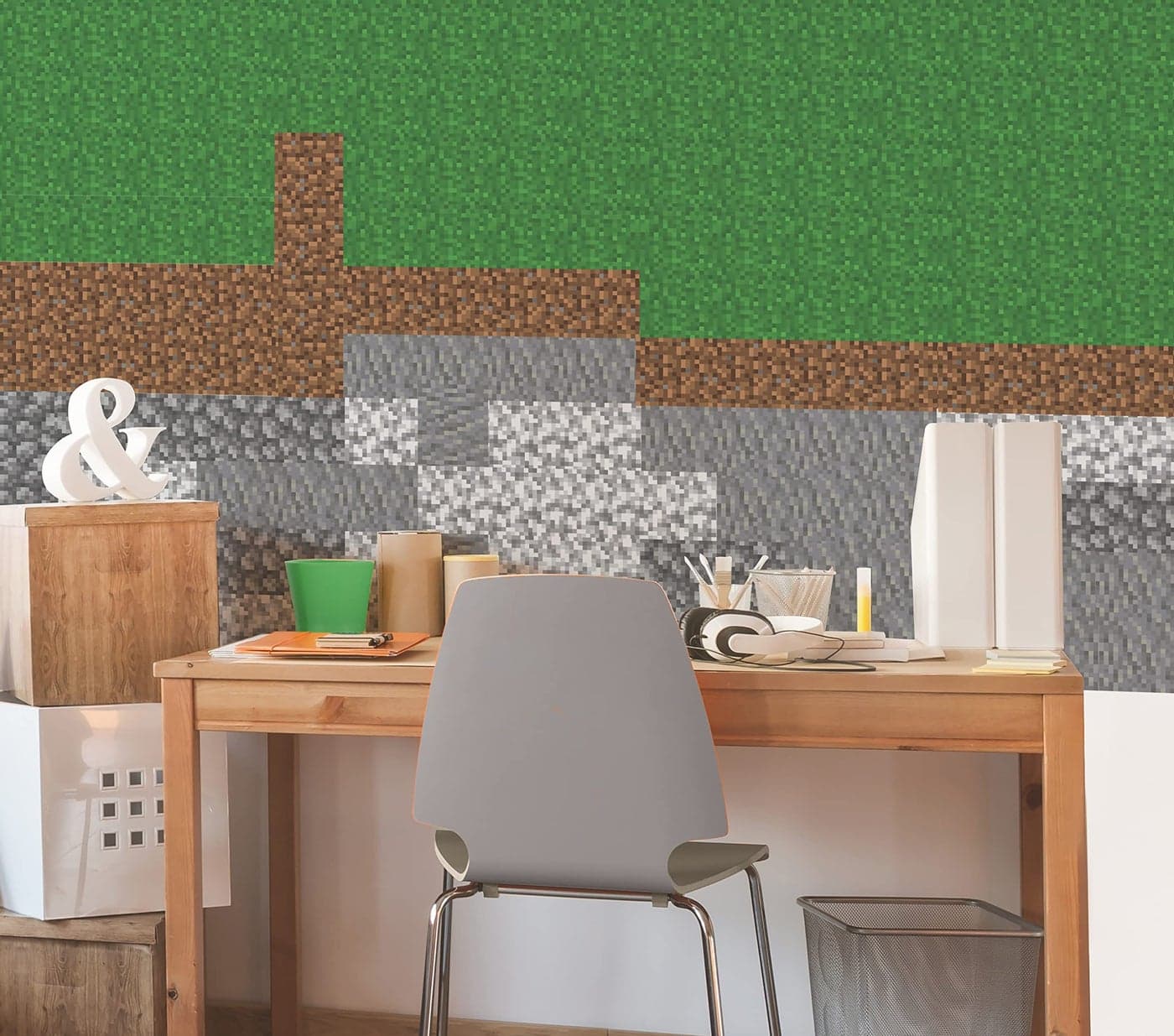RoomMates Minecraft Block Strips Peel and Stick Wall Decals, 16 Decal Set, Vinyl, Green, Gray, Brown, Removable Repositionable, No Sticky Residue, For Renters and Homeowners