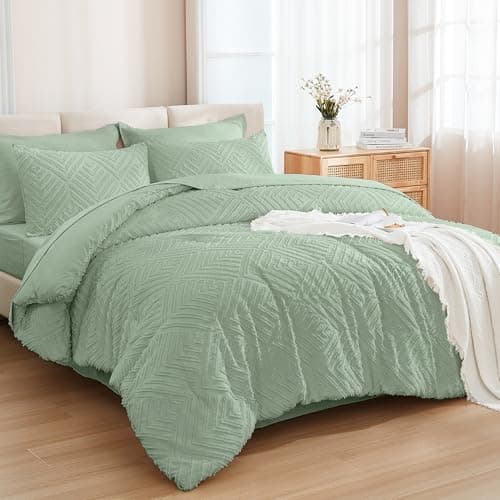 Andency King Size Comforter Set 7 Pieces Sage Green - Bed in a Bag King Boho Lightweight Fluffy Tufted Bedding Sets with Quilt Comforter, Sheets, Pillowcases & Shams