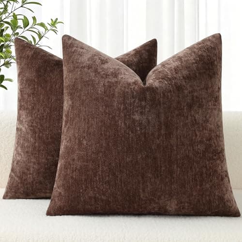 decorUhome Chenille Reddish Brown Throw Pillow Covers 18x18 Inch Set of 2, Decorative Soft Couch Pillow Covers Solid Dyed Accent Farmhouse Neutral Square Pillow Cases for Sofa