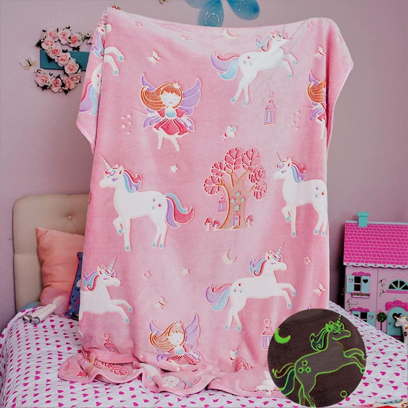 BLiSS HUES Glow in The Dark Blanket Unicorn Fairy 200 x 180cm 80 x 70 inch Gifts for Toddler KidsTeen Girls Bedroom Decor Travel Lightweight Luminous Throw Blanket Pink