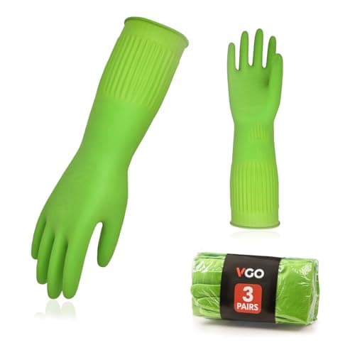 Vgo 3Pairs Dishwashing Gloves Reusable Household Kitchen Long Sleeve Thick Latex Cleaning Washing Working Painting Gardening Pet Care Size M Green RB2143