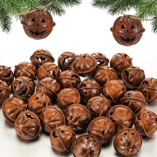 Otoolling 30 Pcs Halloween Pumpkin Rusted Jingle Bells Vintage Rustic JackoLantern Face Design Rusty Bells for Crafting Halloween Wreath Making Fall DIY Pet Collar Christmas Tree Decor114 Inch