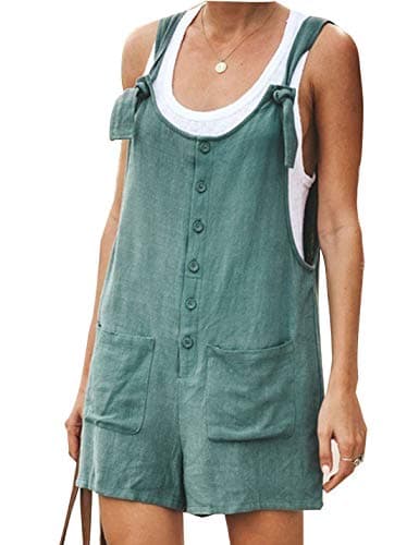 Yeokou Women's Casual Summer Cotton Linen Rompers Overalls Jumpsuit Shorts(DarkGreen-XL)