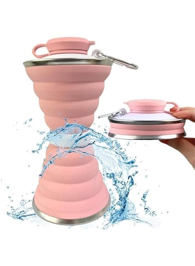 Collapsible Water Bottle, Camping Cup With Carabiner, Reuseable Silicone Foldable Leak Proof Portable Sports For Outdoor, Travel Gym Hiking, Cycling Cups (PINK)