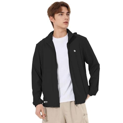 Venzina® UPF 150+ Sunscreen Jacket for Men, UV Sun Protection Jacket with Cool Feel Quick Dry Fabric, Sun Hoodie with Removable Hat & Zip Pocket for Driving, Camping, Riding, Black, XL
