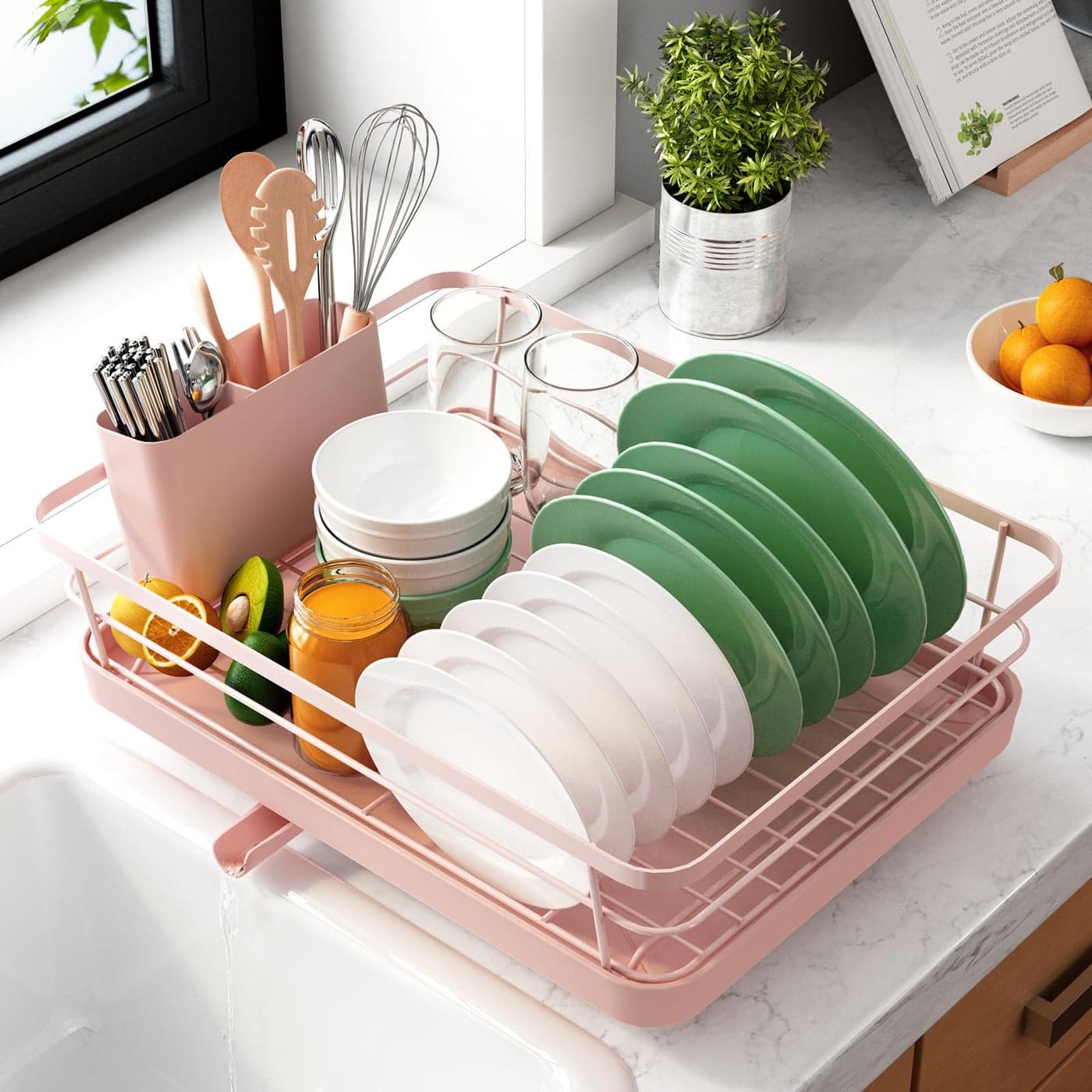Kitsure Dish Drying Rack for Kitchen Counter Stainless Steel Sink Organization and Storage Essentials with Cutlery Holder Home and Appartment Decor 12W x 155L Pink