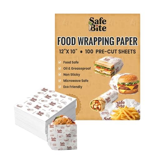 Safe Bite Food Wrapping Paper Sheets 12x10 inch - Greaseproof Foil Paper for Food Wrap | Wrap Roti, Burger, Chapati, Sandwich and Fries - Pack of 100 | Butter Paper Sheets