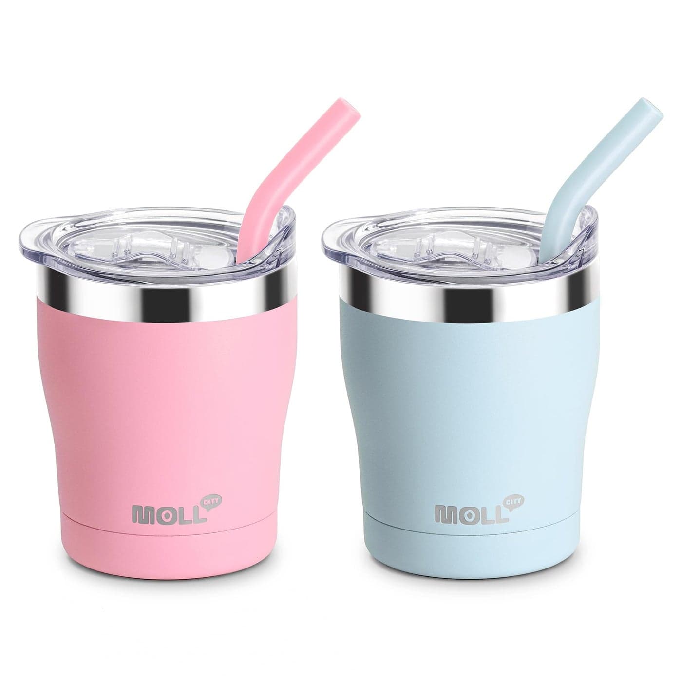 Mollcity Kids Tumbler with Straw 2 Pack Stainless Steel Double Wall Vacuum Insulated Tumbler Cup with Spill Proof Lid 9 oz SweatFree PinkBlue