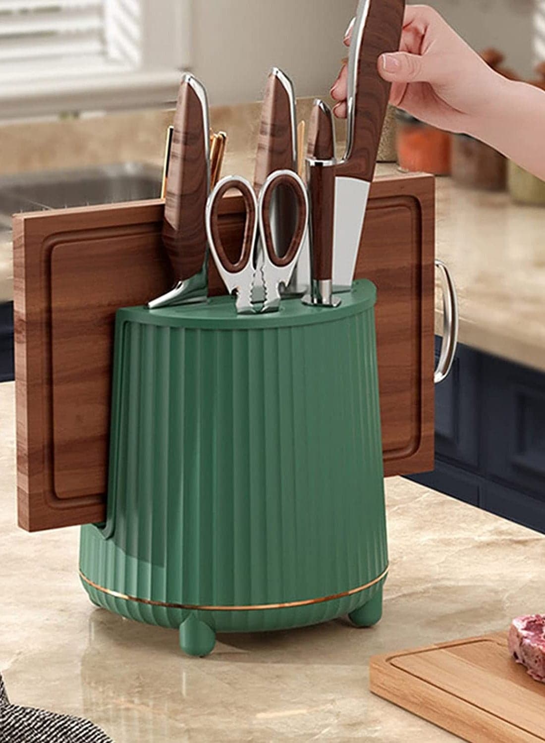 BIG Kitchen Knives Holder Storage & Cutting Board Holder Stand Unique Slot Design Multifunctional Kitchen Spoon and Chopsticks Holder Kitchen Knives & Accessories (Green)