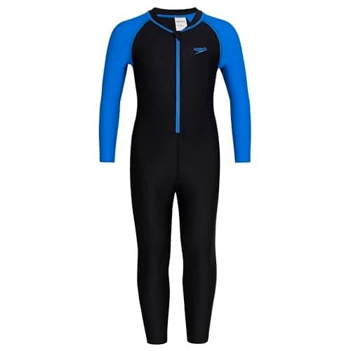 Speedo Tots Unisex Endurance 10 High Chlorine Resistant UPF 40+ Sun Protection All in One Suit for Boys and Girls - Black & Bondi Blue