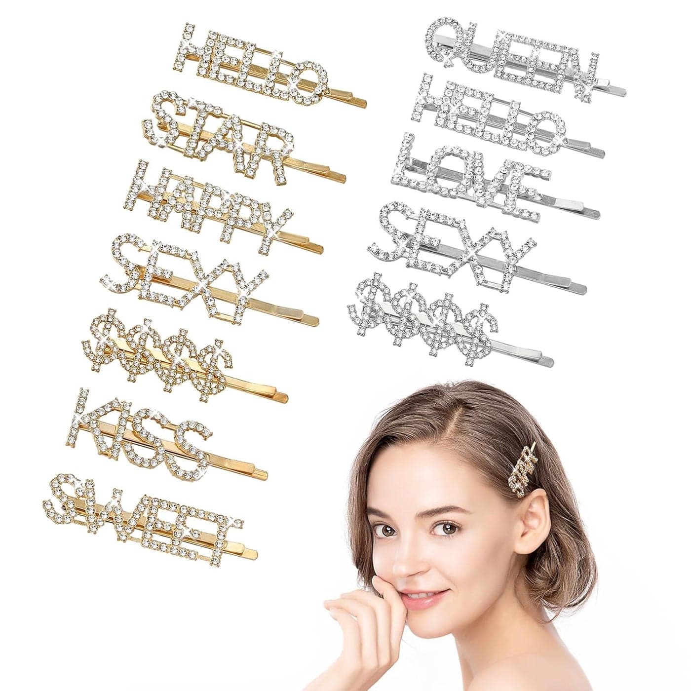 12 Pieces Words Letter Hair Pins, Glitter Rhinestone Hair Clips Bobby Pins Bling Crystal Letter Barrettes Hair Accessories for Women Wedding, Prom, Party
