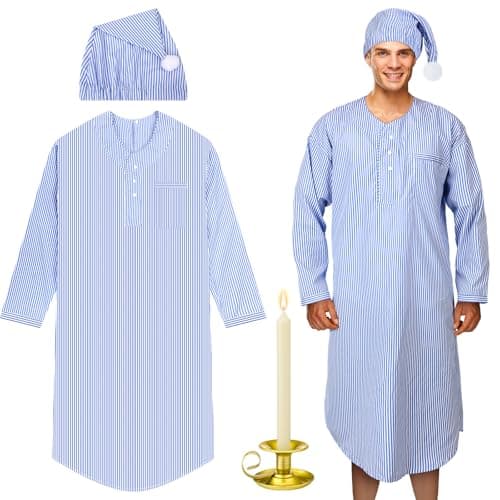 Toulite 4 Pcs Christmas Men's Pajama Set Includes Men's Nightshirt Night Sleeping Cap Candle Holder and Candle Pajama Nightgown Sleeping Gown Costume for Xmas Holiday Halloween(Medium)