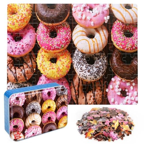 LELEMON 100 Pieces Donut Jigsaw Puzzle for Kids Ages 48 Sweet Colorful Donut Jigsaw Puzzles in a Metal Box Children Boys Girls Learning Educational Puzzles Toys